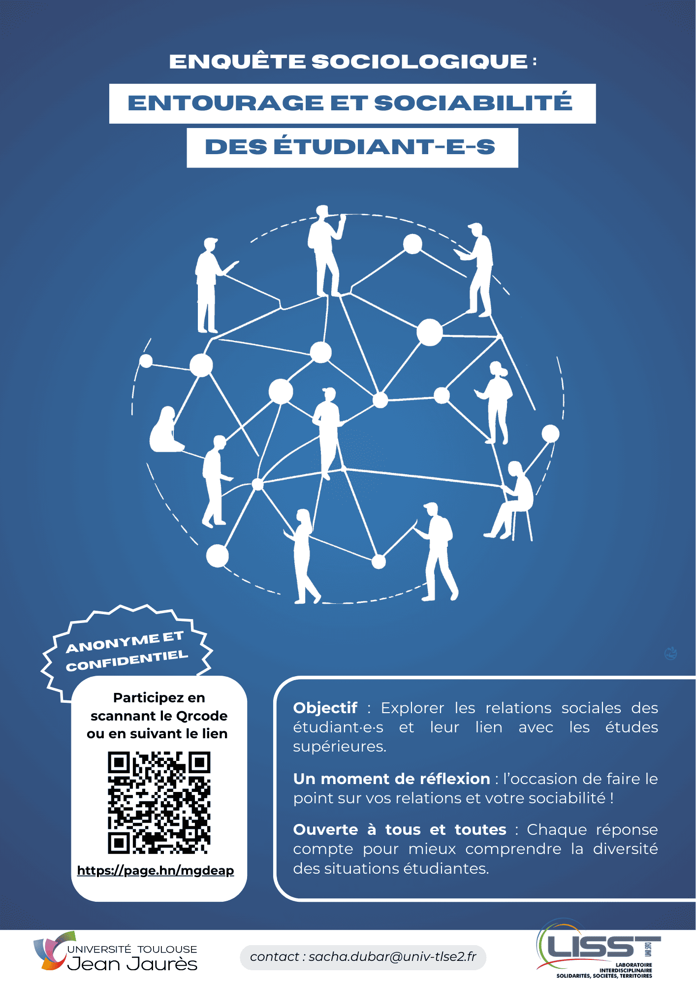 Visuel : Entourage et sociabilité des étudiant-e-s - disponible ici : https://enquetes.univ-tlse2.fr/upload/surveys/486766/images/Visuel%20-%20Enqu%C3%AAte%20-%20entourage%20et%20sociabilit%C3%A9%20des%20%C3%A9tudiants%20-%20mode%3DN%20-%20pour%20diffusion%20large%20-%20r%C3%A9duite.png